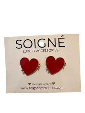 Soigné Love Me Red Heart Stud Earrings Gold Trim NWT